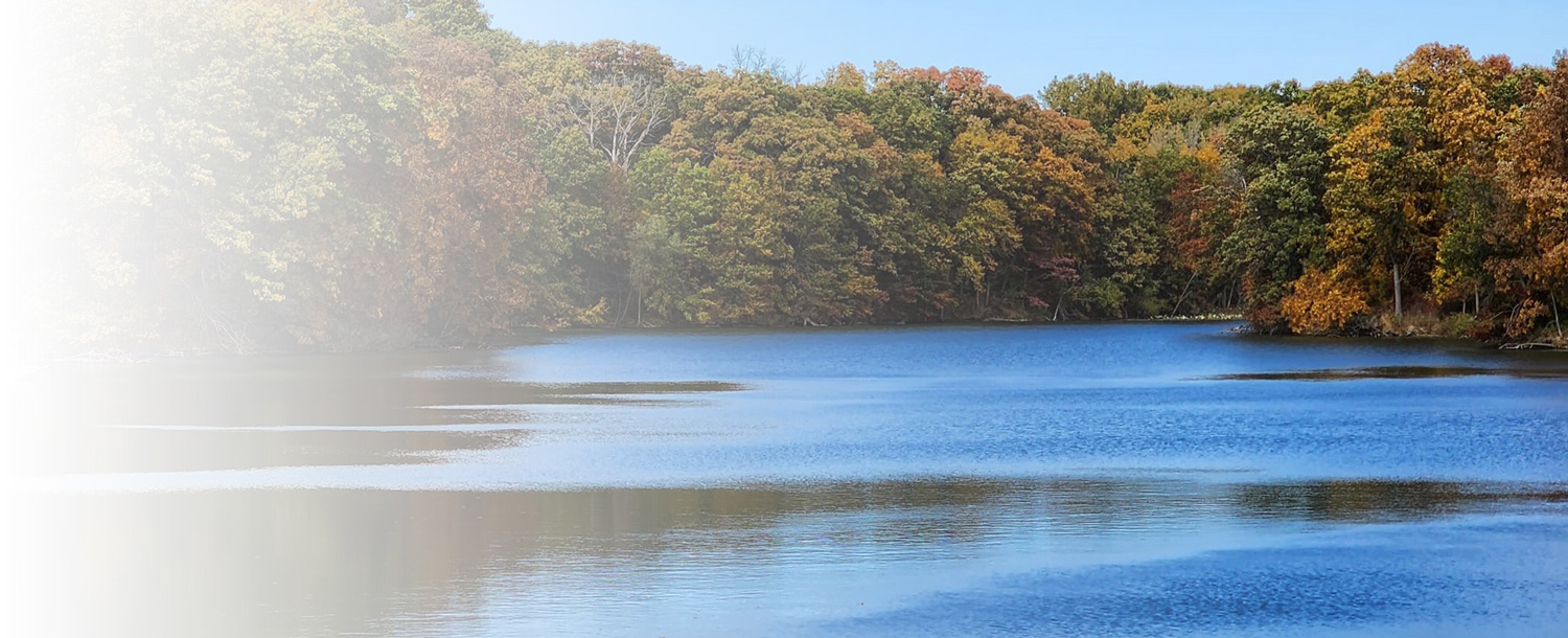 Photo of a lake surrounded by trees in early autumn